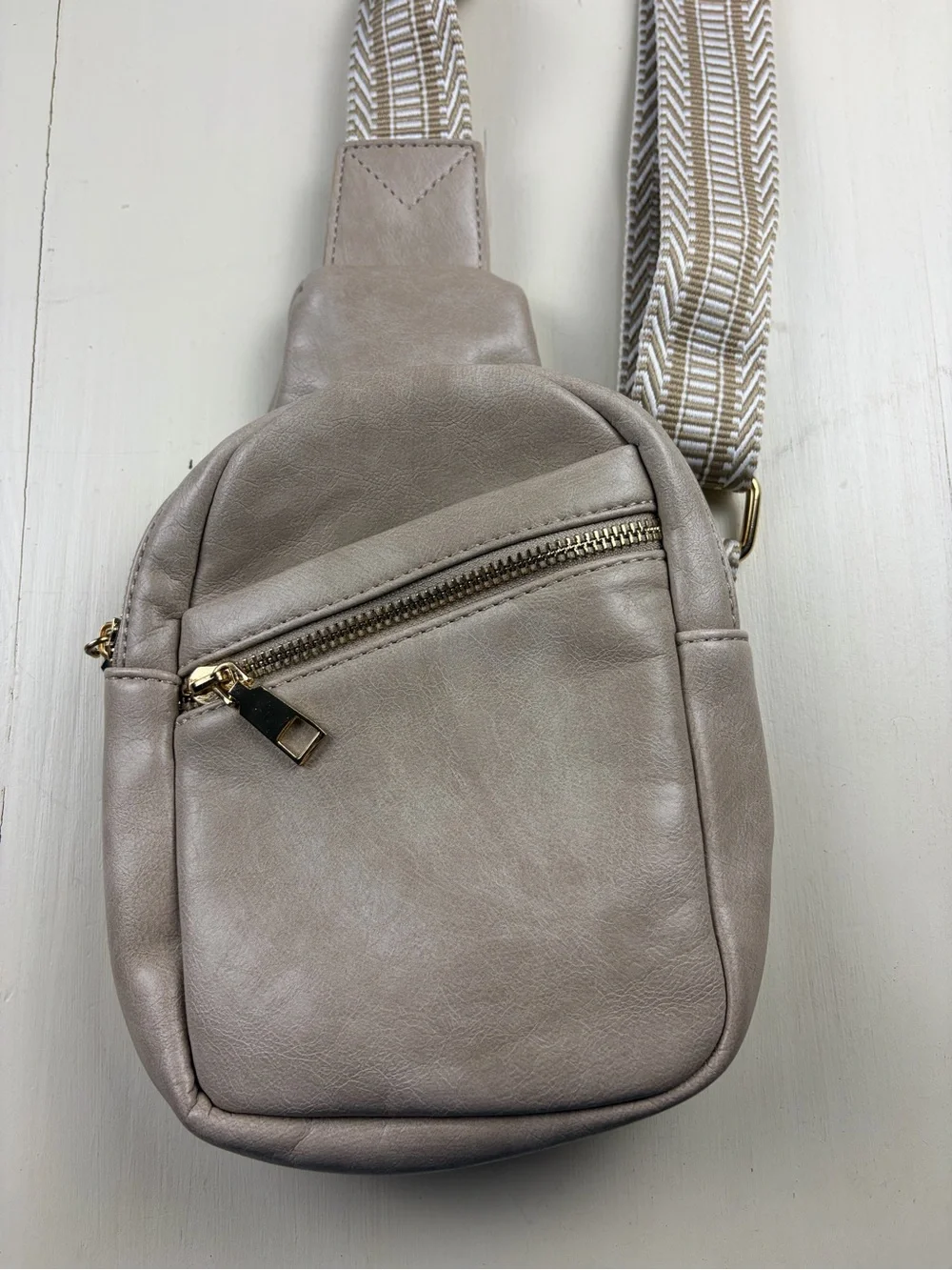 Neutral Taupe Crossbody Sling Bag with Chevron Strap